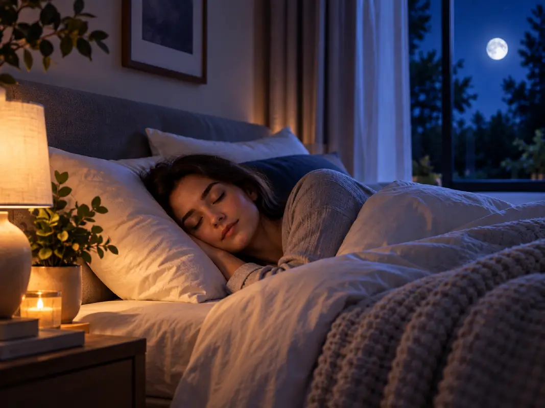 Woman sleeping peacefully in a calm bedroom at night